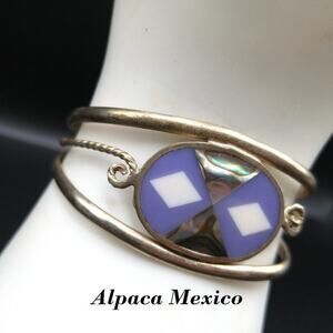 Vintage Abalone Nickle Silver Cuff Small Bracelet, Alpaca Mexico, 4 1/2 Inches